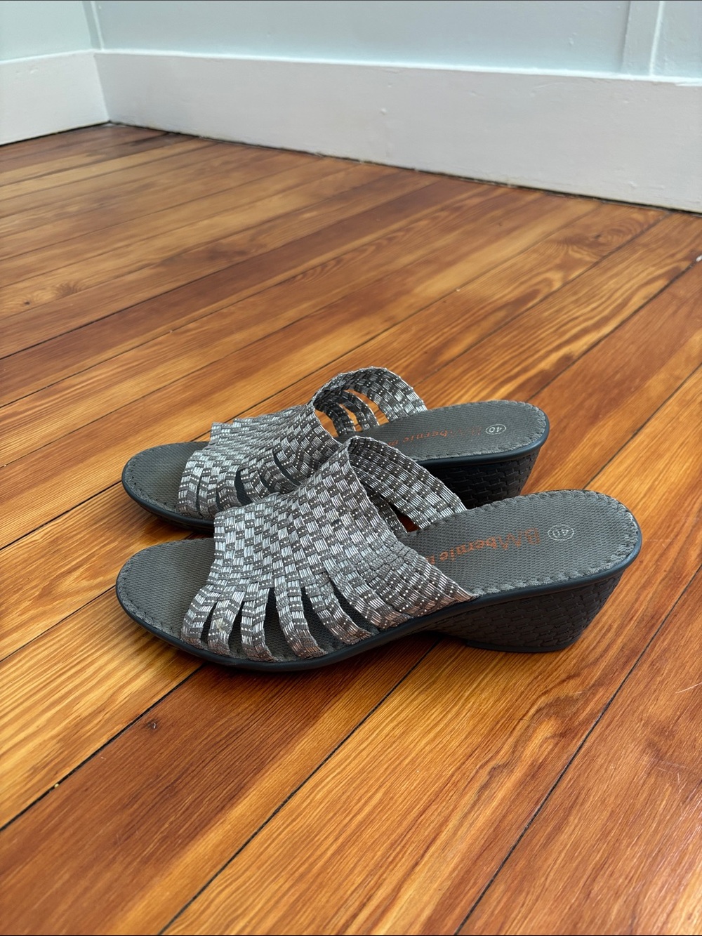 bernie mev. Gray Woven Slide Wedge Mules